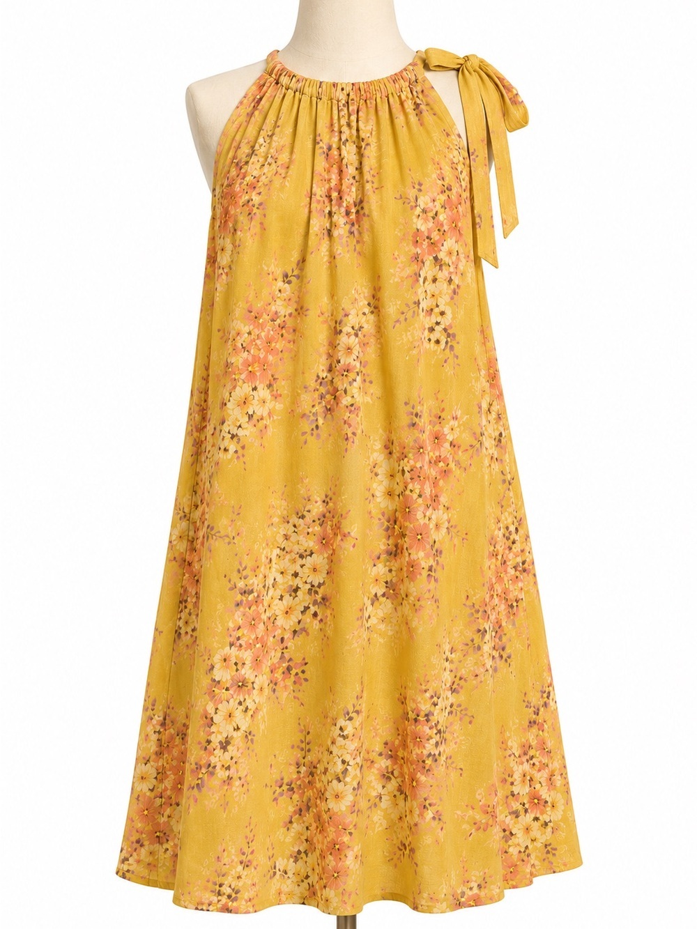 Mustard Floral Halter Tie Midi Dress